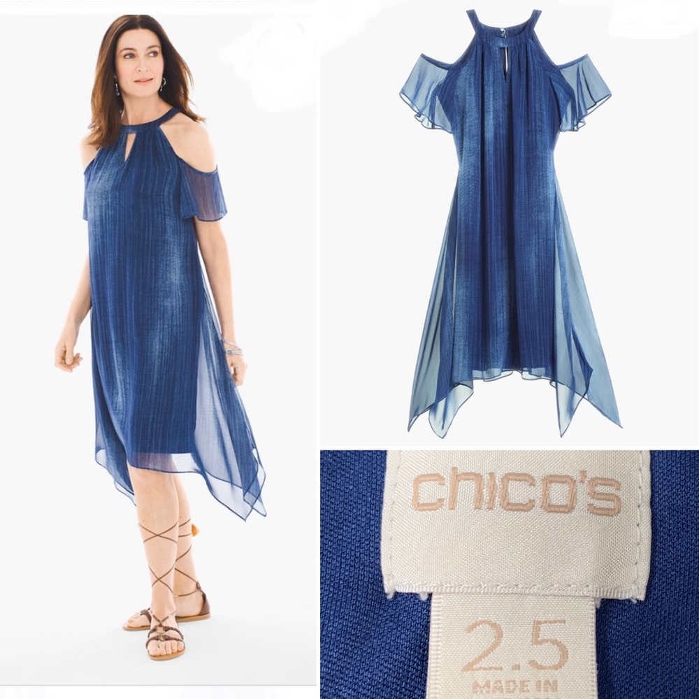 Chico's Blue Cold Shoulder Handkerchief Hem Dress